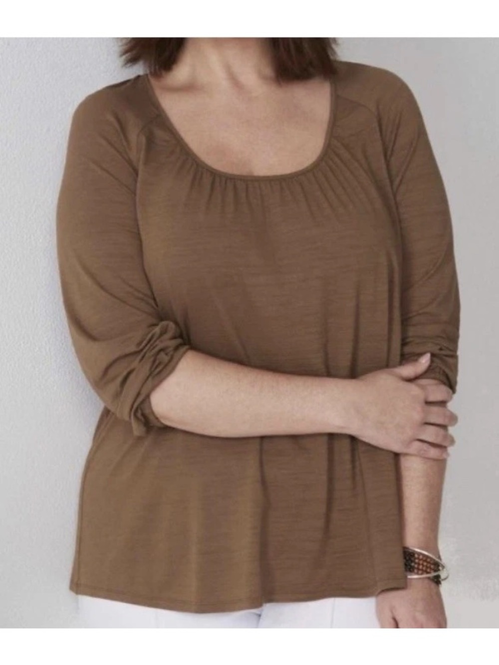 J. Jill Women's Wearever Brown Knit 3/4 Sleeve Top Size 2X Peasant Office Carver